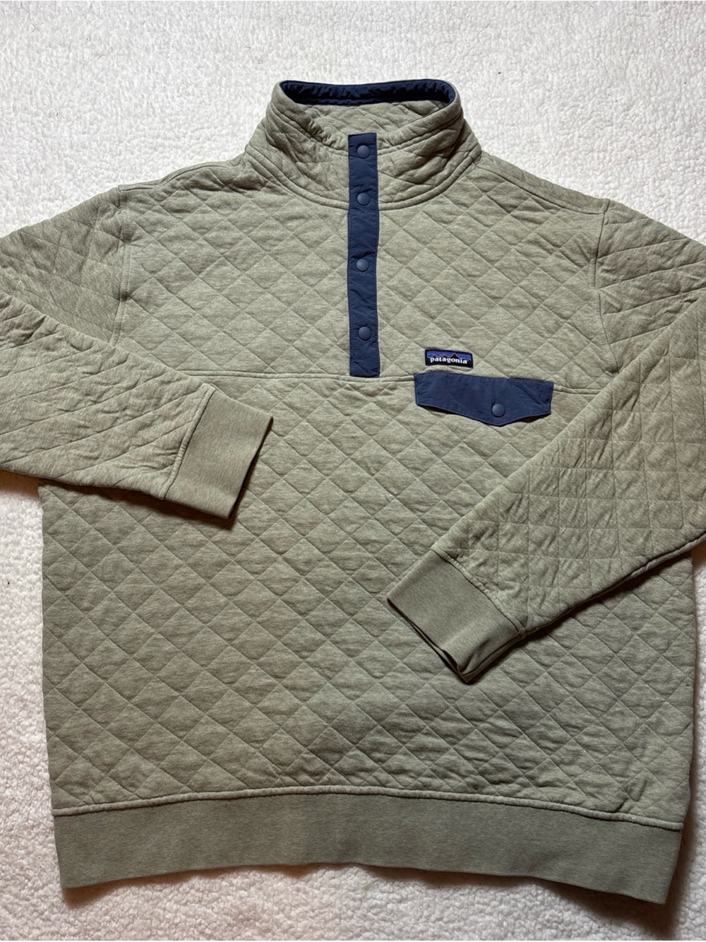 Patagonia Quilted Crewneck Pullover in Olive with Navy Trim